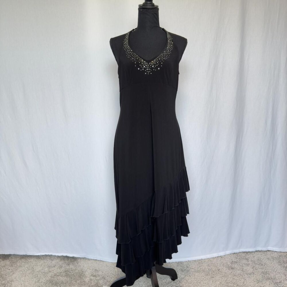 Vintage Onyx Nite Dress \ Y2K Black Rhinestone Halter Dress with Asymm Ruffles